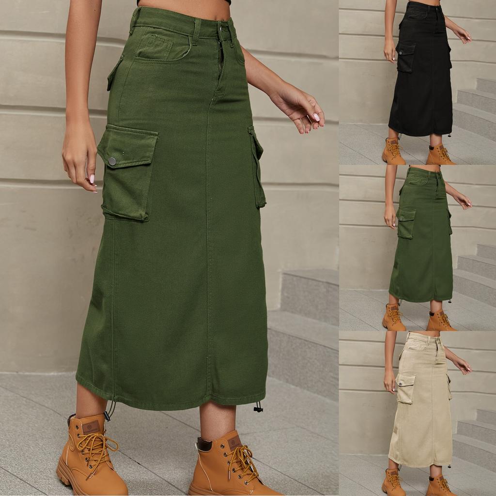 Women's Fashionable Casual Solid Color Washed Denim Multi-Pocket Midi Skirt