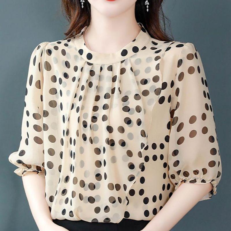 Летняя элегантная и минималистичная повседневная мода, рубашка с круглым вырезом, в горошек, свободного кроя оверсайз, универсальная, с рукавами средней длины для женщин