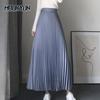 Pleated A-Line Skirts Women Korean Fashion Elegant Long Femme Faldas Ladies High Waisted Blue Maxi Skirt