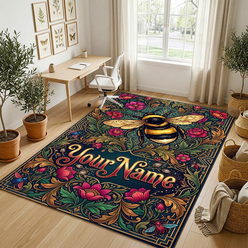 Bee Theme Soft Crystal Velvet Rug Custom Name & Text Print Non Slip Floor Rug for Bedroom Living Room