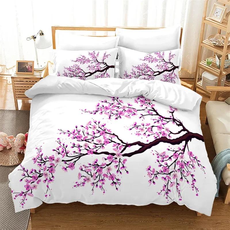 Ink Painting Duvet Cover Japanese Style Mount Fuji Comforter Cover Red Cherry Blossoms Print Bedding Set For Adults Teens Girls