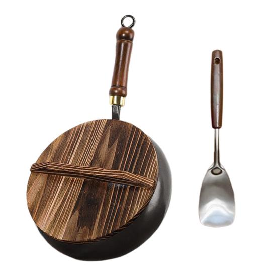 Традиционная чугунная сковорода-вок с крышкой и лопаткой 24 см Посуда из чистого железа с физической антипригарной технологией без покрытия