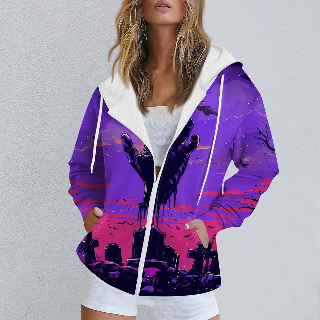 Женская повседневная спортивная одежда с принтом на Хэллоуин, осенне-зимняя куртка с капюшоном и длинными рукавами, с карманом на молнии