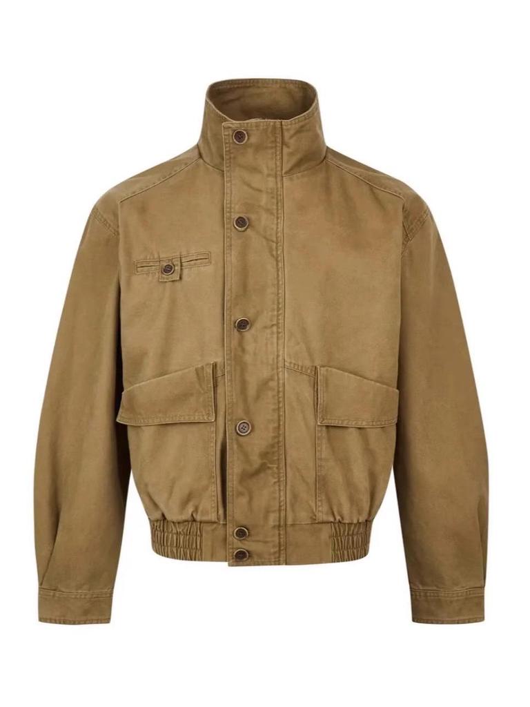 Унисекс Ретро Потертая Холщовая Куртка-Сарай - Прямой Крой, Стойка Воротник, Модный Стиль