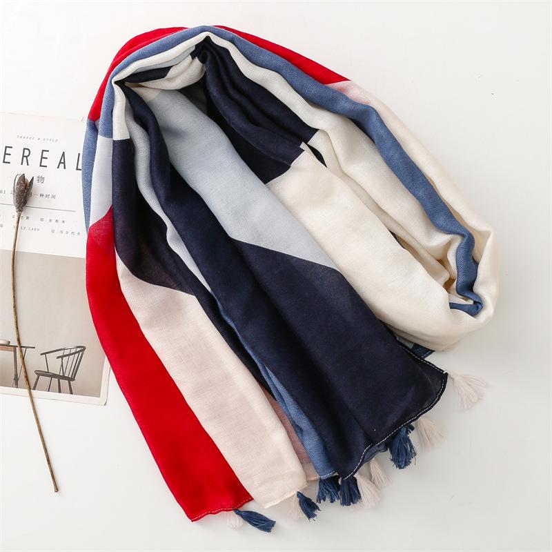 And Cotton Bali Feel Linen Yarn Thin Design Red And Blue Contrasting Colors Geometric Fashion Fresh Travel Sun Protection Shawl For Women
