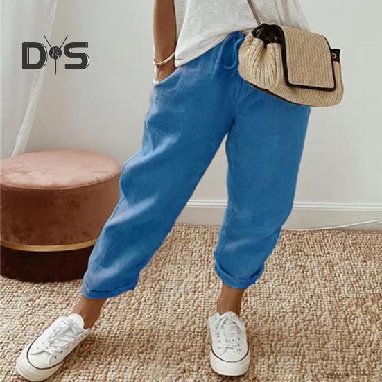 Женские повседневные брюки, однотонные свободные длинные брюки, эластичный пояс, регулируемые брюки на шнурке с карманами