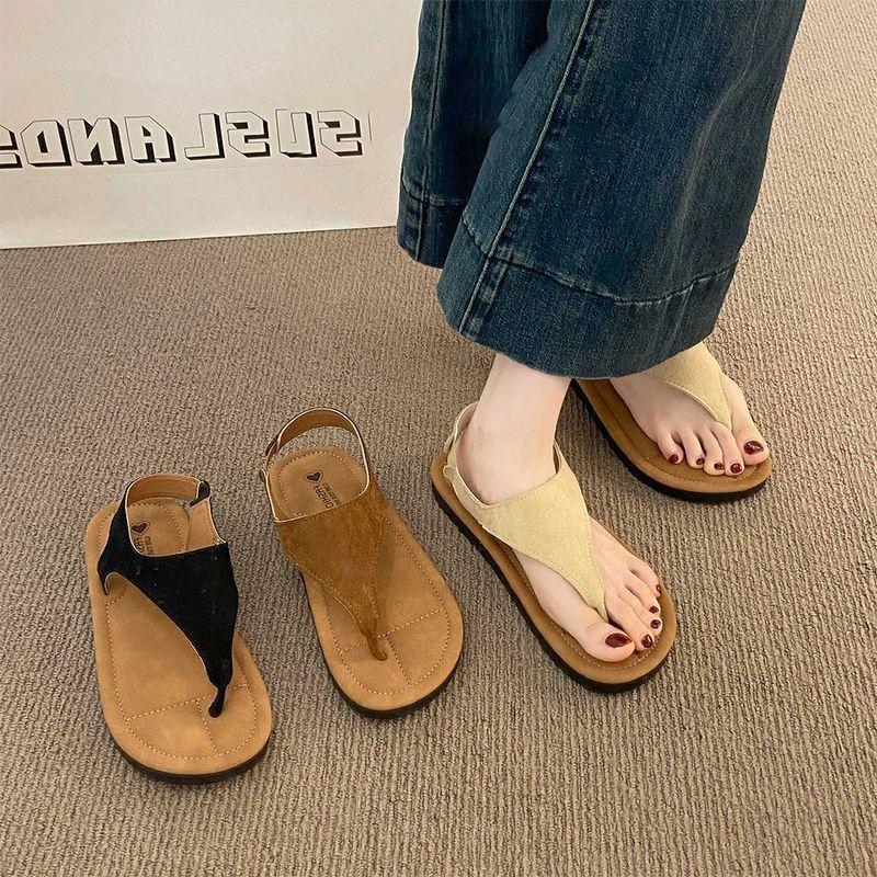 2025 Summer New with Skirt One-word Belt Roman Shoes Toe Beach Shoes Beautiful Herringbone Sandals Women's Outer Wear