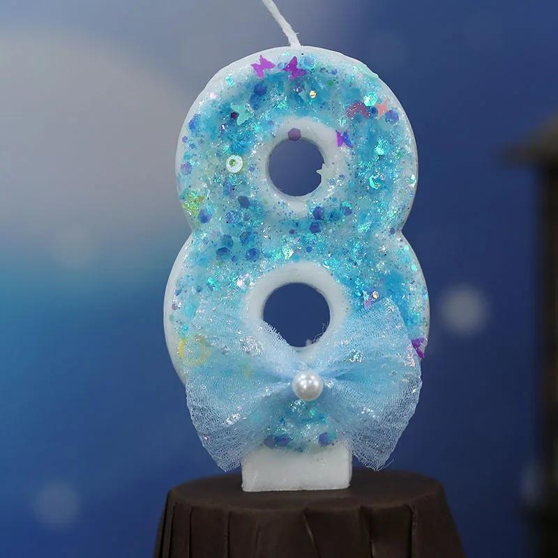 Y 3D Blue Bow Sparkling Number Candles - Birthday Cake Topper with Glitter Accents, Kawaii Party Decor for Birthdays/Weddings