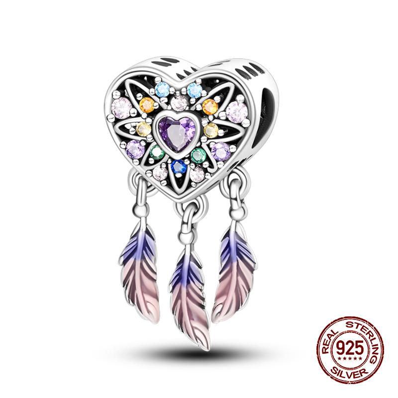 100% оригинальное серебро 925 пробы с перьями, красочные подвески в виде ловца снов, подвески, подходят для оригинальных браслетов 925, ювелирные изделия своими руками
