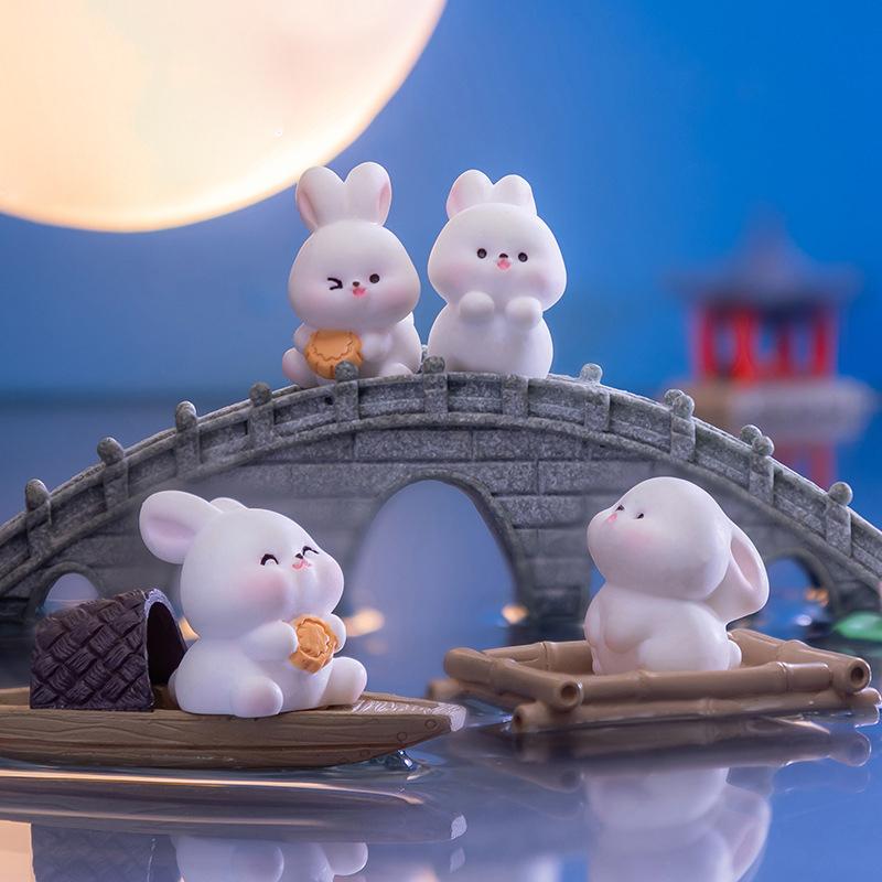 Мультяшный милый кролик на праздник середины осени, кукла, лунный пряник на праздник середины осени, настольные украшения, милый кролик, подарочный орнамент из смолы