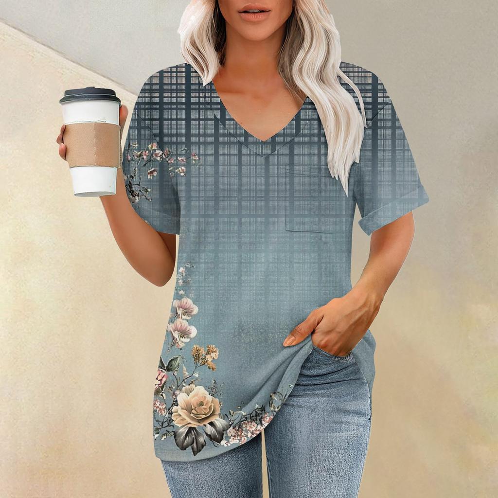 Women's Fashion Pocket V-neck Short Sleeve Plant Floral Print T-shirt Top