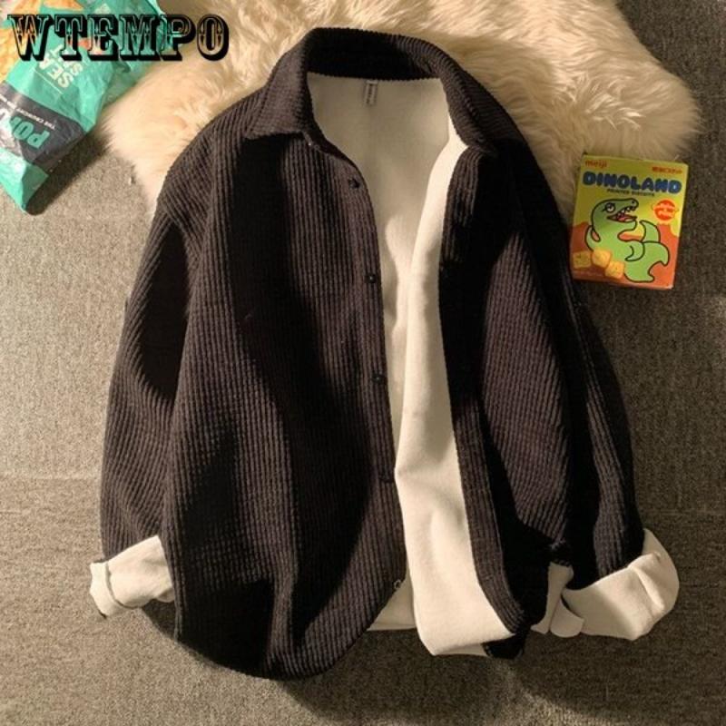 Waffle Shirt Men's Padded Spring and Autumn Solid Color Japanese Jacket Students Korean Version of Loose All Metch Long-sleeved Tops