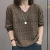 Модная блузка-свитер в западном стиле с V-образным вырезом, ажурная, тонкая, с темпераментом, универсальная, с длинным рукавом, осенняя