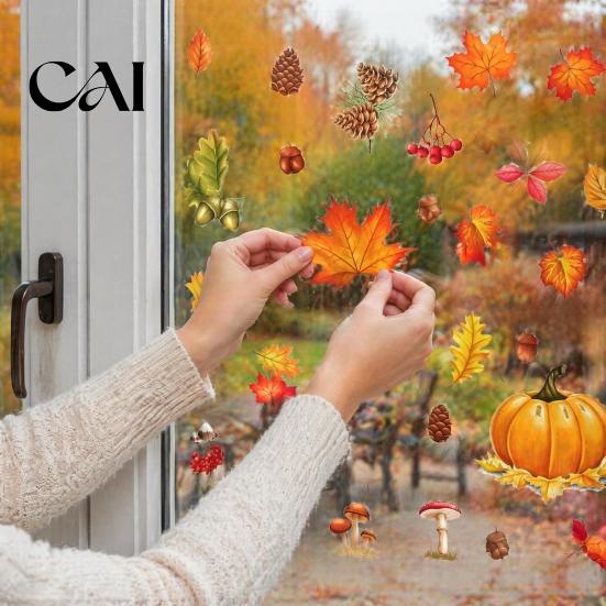 Thanksgiving Glass Decals 5Pcs Autumn Maple Pumpkin Static Window Clings, Fall Harvest Stickers, Leaf Stickers Glue-Free Removable Decor for Home Shop