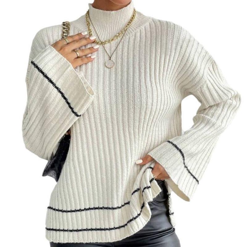 Women S Loose Long Sleeve Knitted Sweater Color Block Patchwork Casual