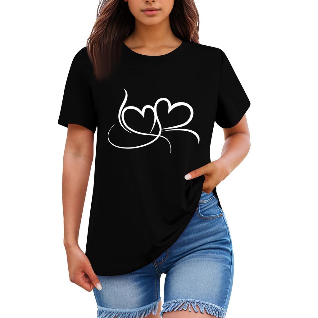 Ladies' Loose Comfortable Casual Fashionable Heart Pattern Printed Round Neck Short Sleeved Shirt