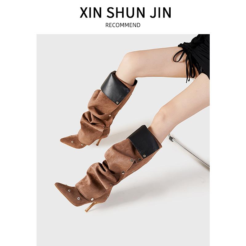 Willow Nail Buckle Splicing Two Wear Stiletto Denim Pleated Pile Boots Female Personality Spice Girl Fashion Boots Female