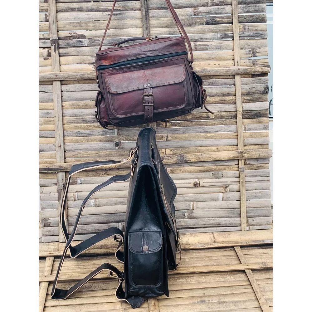 Men's Backpack Travel Laptop Goat Leather Vintage Black  Bag  ( Free Camera Brown Bag Size - 11 X 9 X 5 In )