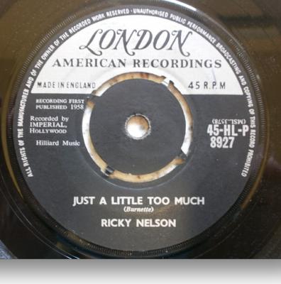 7-дюймовая пластинка RICKY NELSON Just A Little Too Much Sweeter T 45HLP8927 London Records 1959 UK Rock Б/у