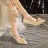 Fashion Fashion Silk Flower Thin Heels Bridal Shoes for Women Red Champagne High Heel Pumps Woman Slip-On Pointed Toe Wedding Shoes 2024