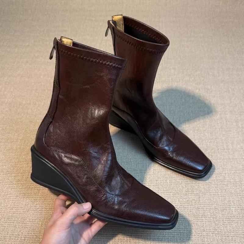 Square Toe Women Ankle Boots Wedges Leather Shoes Fad Mid Heels Chelsea Winter 2025 Trend Goth Office Shoes Retro Botas Mujer