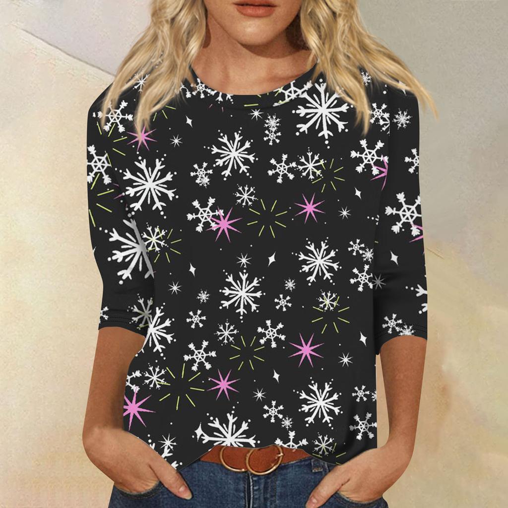 Women's Fashion Casual Seven Sleeve Christmas Printed Round Neck Top