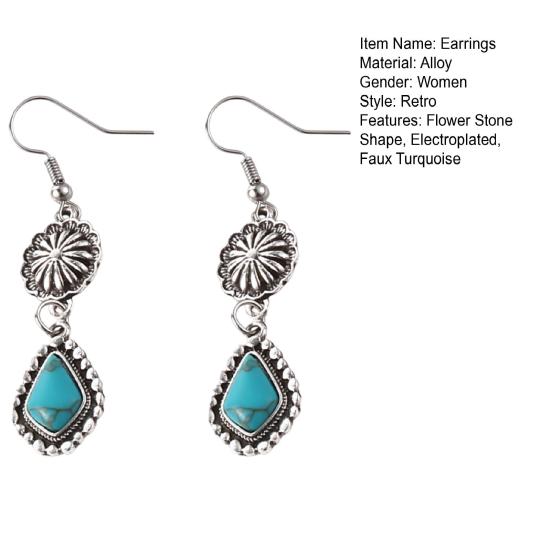 1 Pair Women Hanging Earrings Retro Anti-allergy Bohemian Style Flower Stone Shape Electroplated Faux Turquoise Ear Jewelry Prom Long Hook Earrings