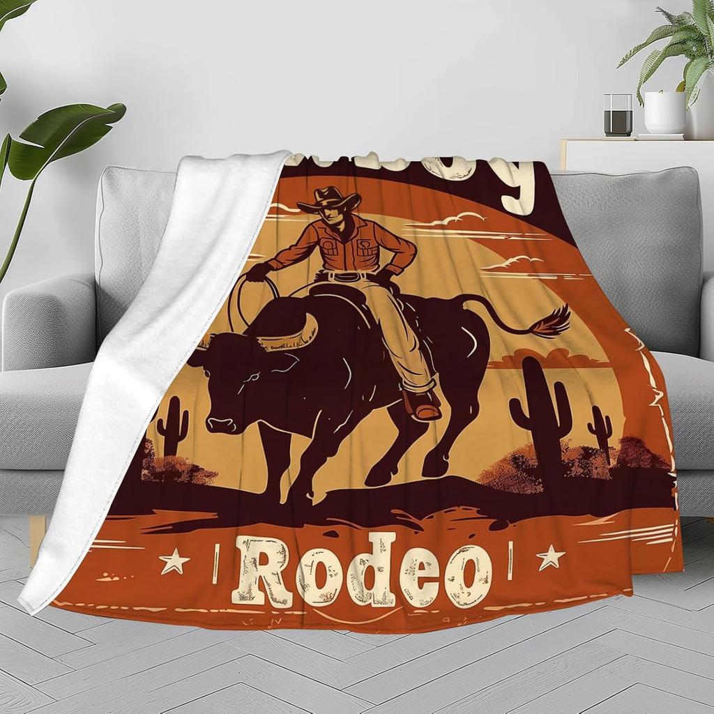 Cowboy Blanket, Western Cowboys Throw Blanket for Boys Men, a Western Cowboy Ride a Bull Orange Plush Blanket, Retro Country Farmhouse n West Theme