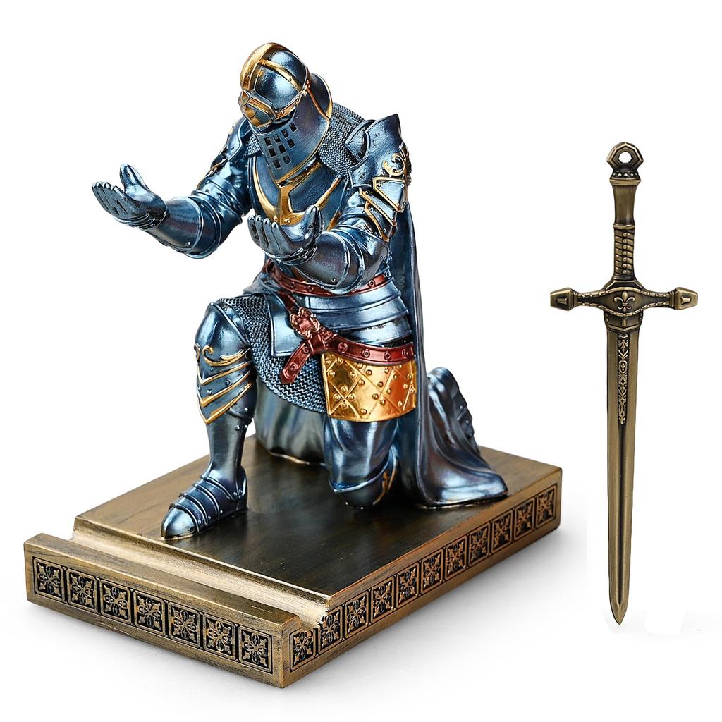 HDMbigmi Kingsguard Leader Cloak Warrior Knight Pen Holder Mobile Phone Stand Ornament Knight Statue Pen Stand Paperweight with Metal Sword Letter