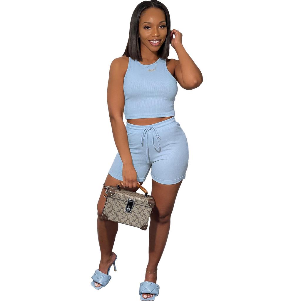 F155 Women's Casual Sports Set: Striped Vest & Drawstring Shorts Two-Piece