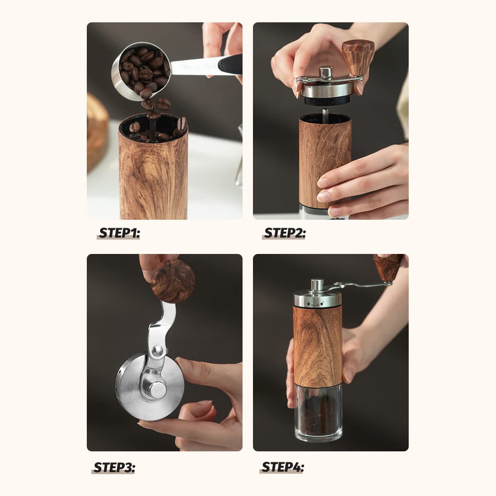 Portable, compact, hand-held coffee grinder with ceramic mortar, 5-degree adjustable grinding angle, washable clear container, natural wood finish,