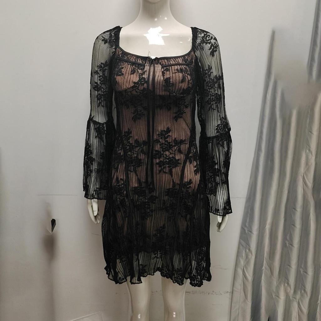 Женские платья весна-лето с длинными рукавами, кружевные, однотонные, плиссированные, с высокой талией, с квадратным воротником, короткое платье