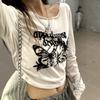 Sexy Pleated Grunge Tee Shirts Femme Slim Fit Y2k Aesthetic Letter Print Long Sleeve Cropped Top Women Fashion All Match T-shirt