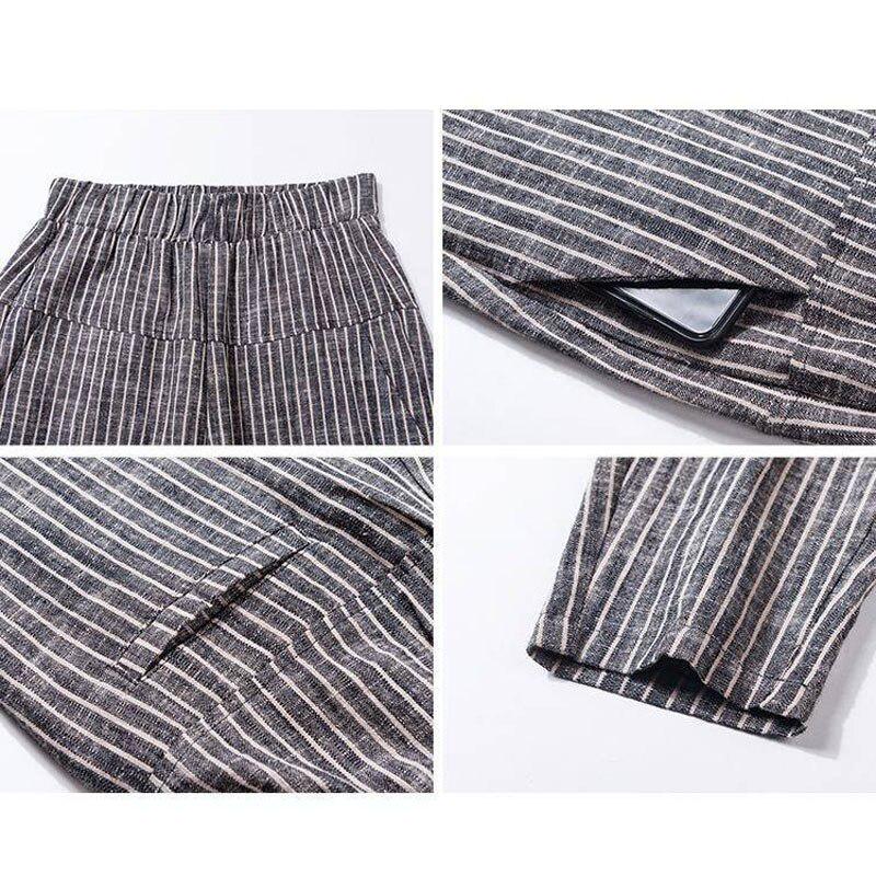 Casual Loose Women Pants Striped Cotton Linen Women Trousers Plus Size Korea Fashion High Waist Pencil Pants 10299