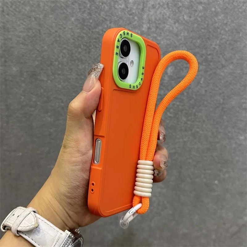 Силиконовый чехол для телефона с амортизацией для iPhone 11-17 Pro Max Plus с матовым покрытием и ремешком на запястье