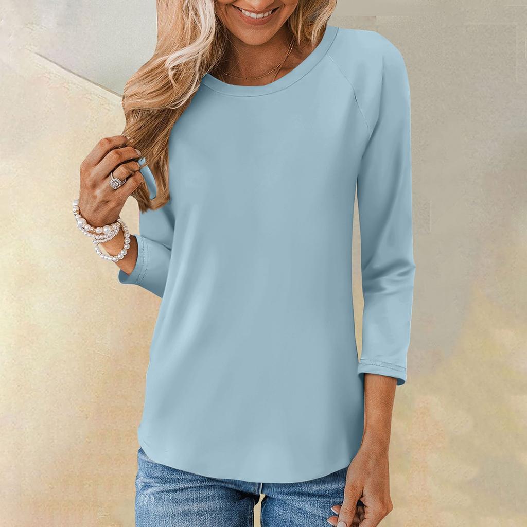 Рубашка для женщин, модная повседневная свободная однотонная футболка с рукавами реглан и круглым вырезом, рукав 3/4, женский топ
