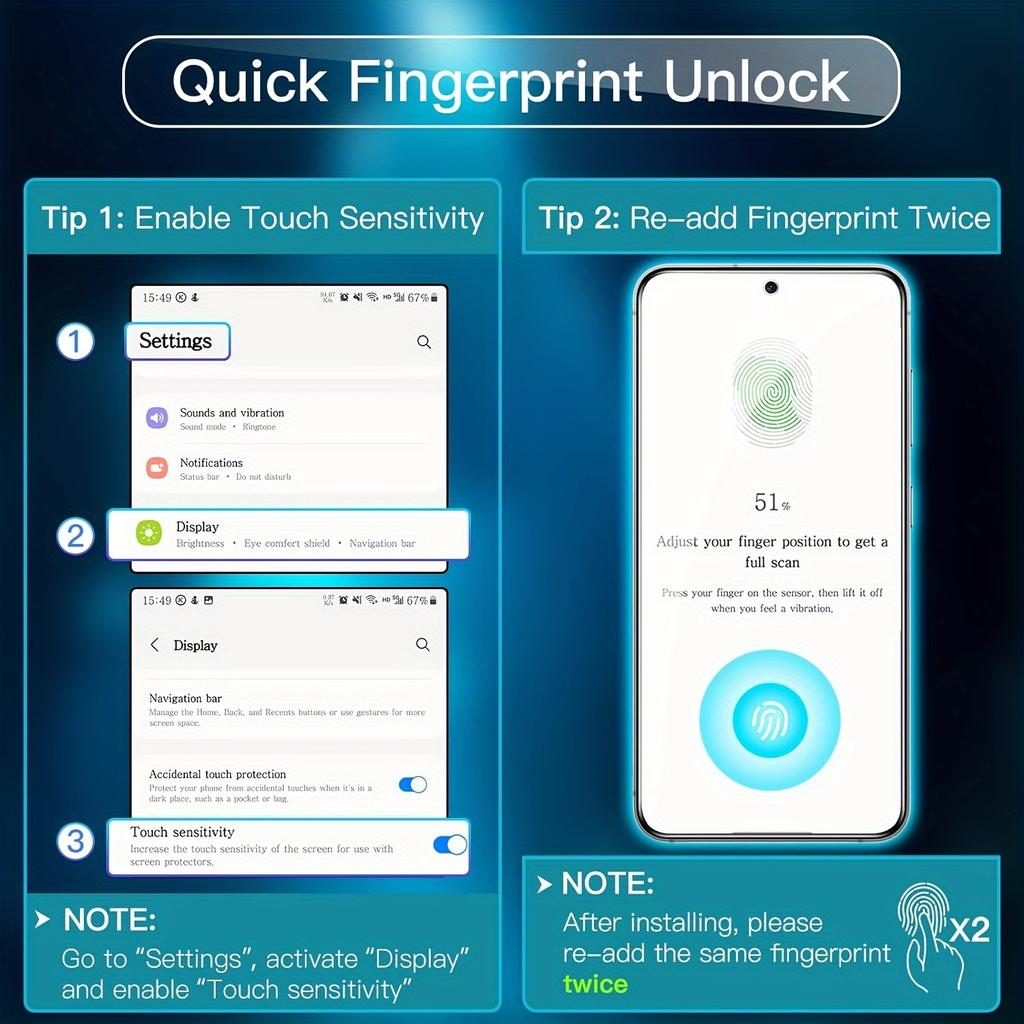 2 шт. Закаленное стекло с разблокировкой по отпечатку пальца для Samsung Galaxy S26 S25 Edge S24 S23 Ultra S22 S21 S20 FE S10 S9 S8 Note 20 Ultra 5G Защитное стекло для экрана