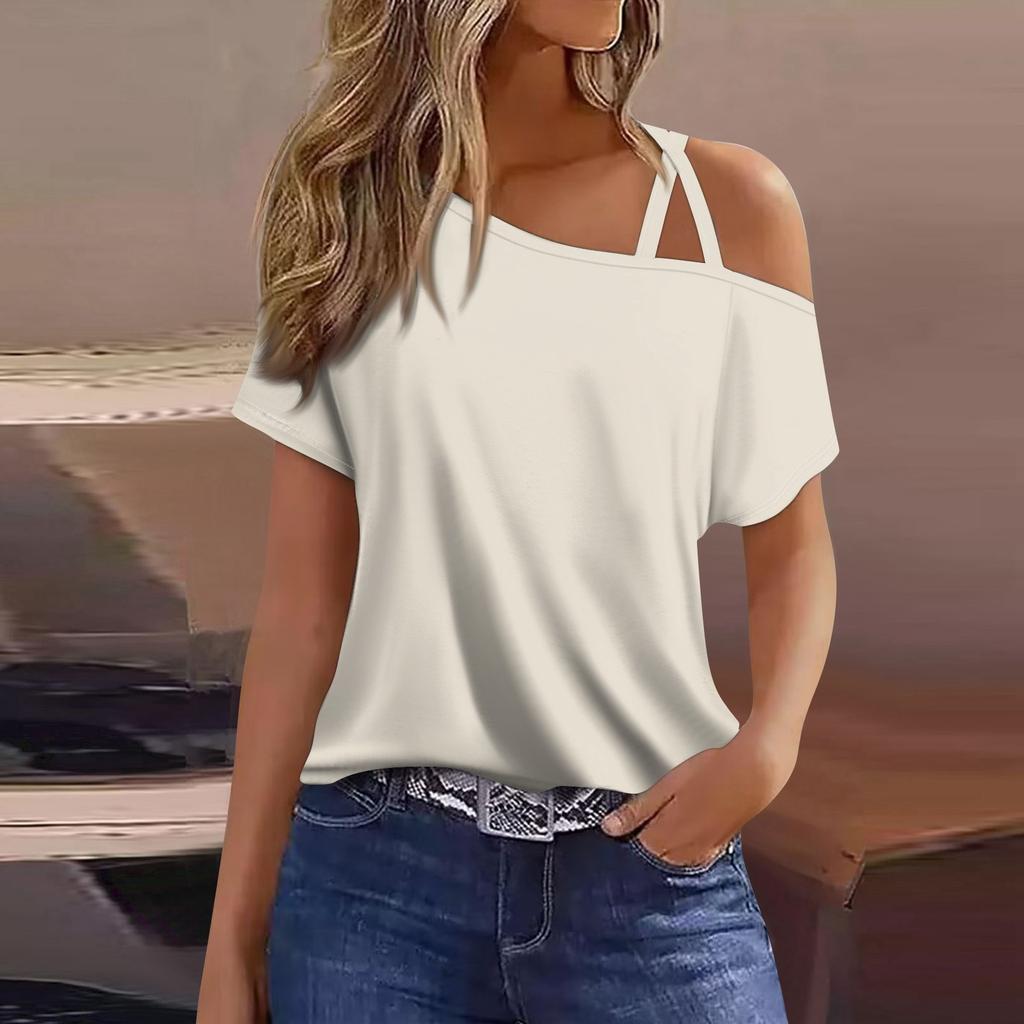 Women's Fashion Casual Print Sexy Cold Shoulder Short Sleeve T-shirt Top