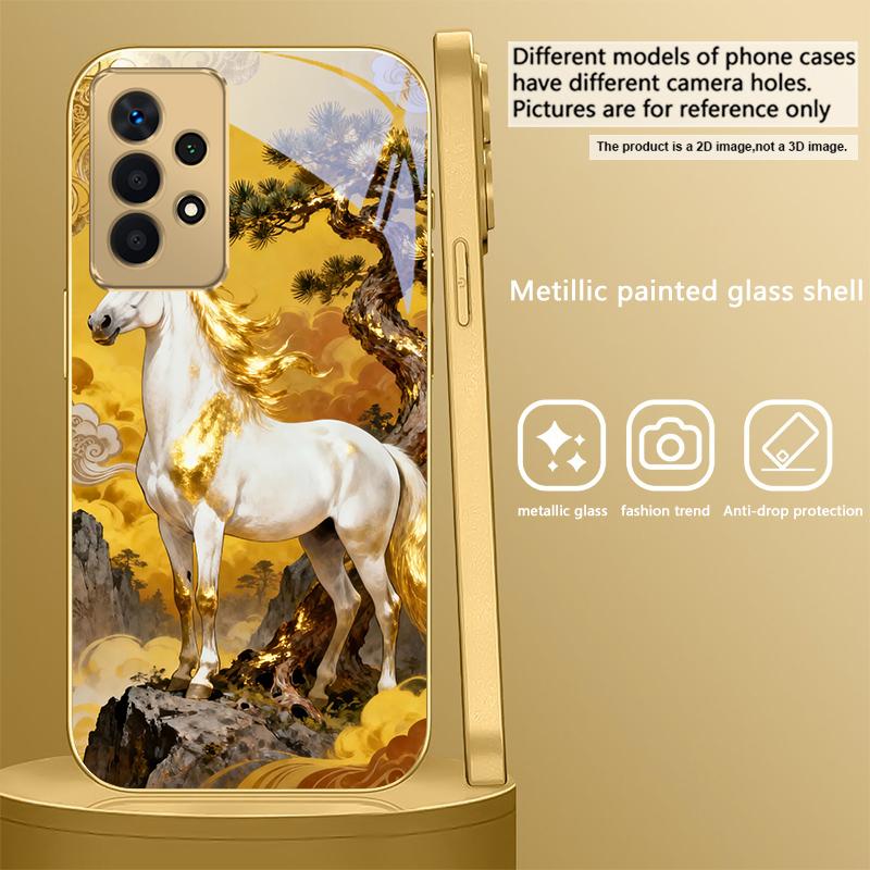 Высокая и крепкая лошадь Для Samsung A 01 52S A04 A05S A10 A12 A13 22 23 24 36 42 M02 Note 10 20Ultra 8 9 Золотой стеклянный чехол для телефона