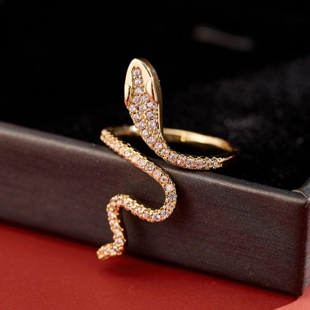 European & American Style Adjustable Copper Ring with Micro-Inlaid Sparkling Zircon and Serpent Design