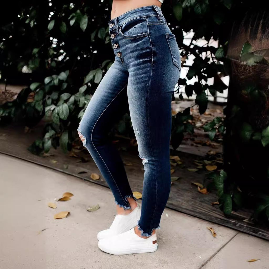Летние женские джинсы Stretch Hole Slim Comfortable Брюки со средней посадкой