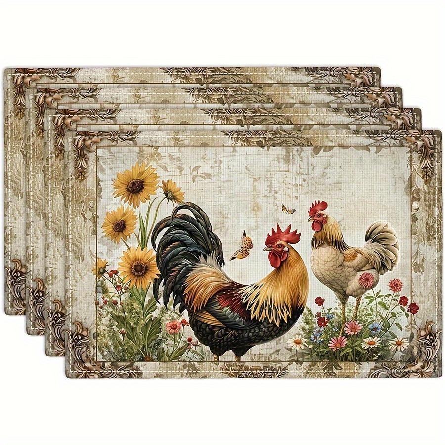 2-4pcs Country Rooster and Sunflower Floral Placemats, Vintage Farmhouse Chicken Design, Square 12x18 Inches, Machine Washable for Kitchen and Dining