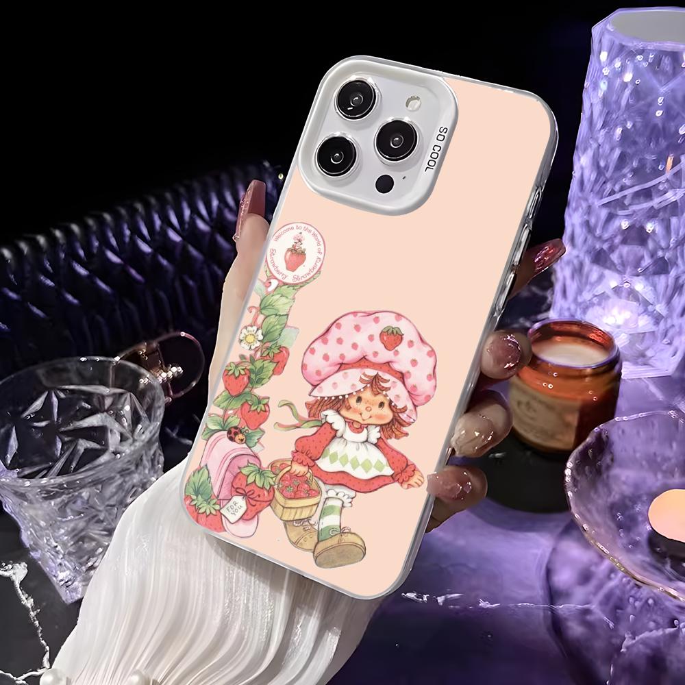 Розовая Клубничная Мультяшная S-Shortcake Чехол Для Телефона Для iPhone 16 15 14 13 12 11 Pro Max Белый Матовый Лазерный Металлик Аврора Funda