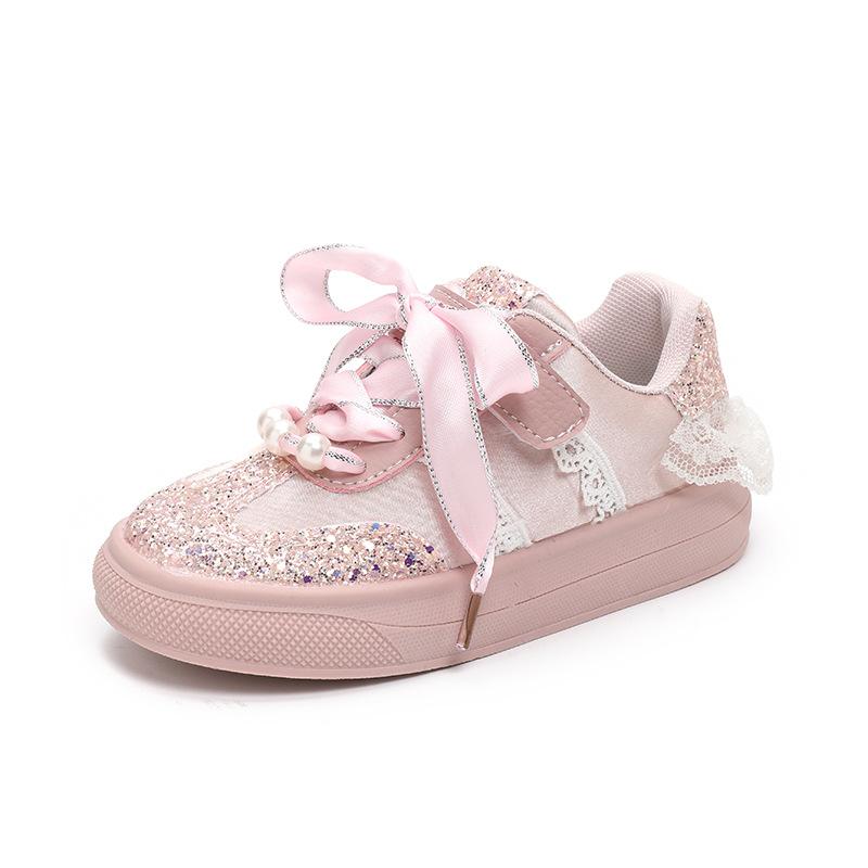 Girls' Crystal Sequin Casual Shoes2026New Spring and Autumn Non-Slip Soft Sole White Shoes for Children and Older Kids Sports Shoes