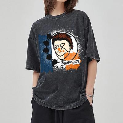 Футболка женская с портретным принтом, хлопковая, с коротким рукавом, стираная джинсовая ткань, свободный топ унисекс большого размера