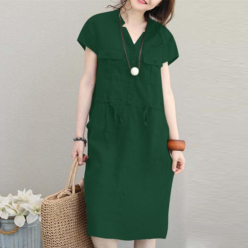ZANZEA Summer Casual V-neck Short Sleeve Tunic Waist Shirt Dress