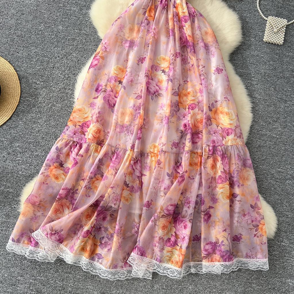 Высококачественное цветочное пляжное макси-платье для женщин с разрезом по горловине, эластичное отпускное шифоновое платье А-силуэта с кружевным принтом, длинный сарафан