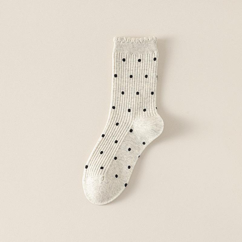 Кружевные носки, Женские длинные носки, Хлопковые носки с черной отделкой и горошком, Спортивные махровые носки для осени и зимы, Универсальные бесшовные носки средней длины