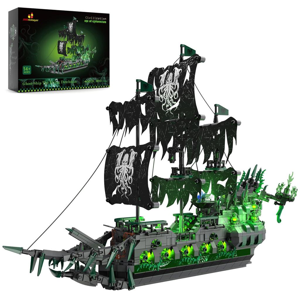 JMBricklayer Pirate Ship Block Set with Light Ghost Ship Flying Dutchman Model Ship 40001 Adult Pirate Ship Model Assembly Toy Halloween Decoration