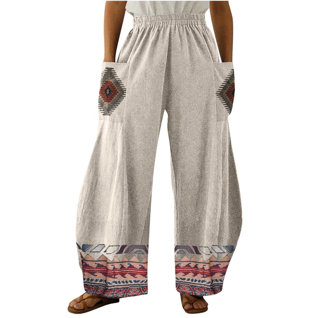 Женские свободные повседневные широкие брюки из хлопка и льна с принтом